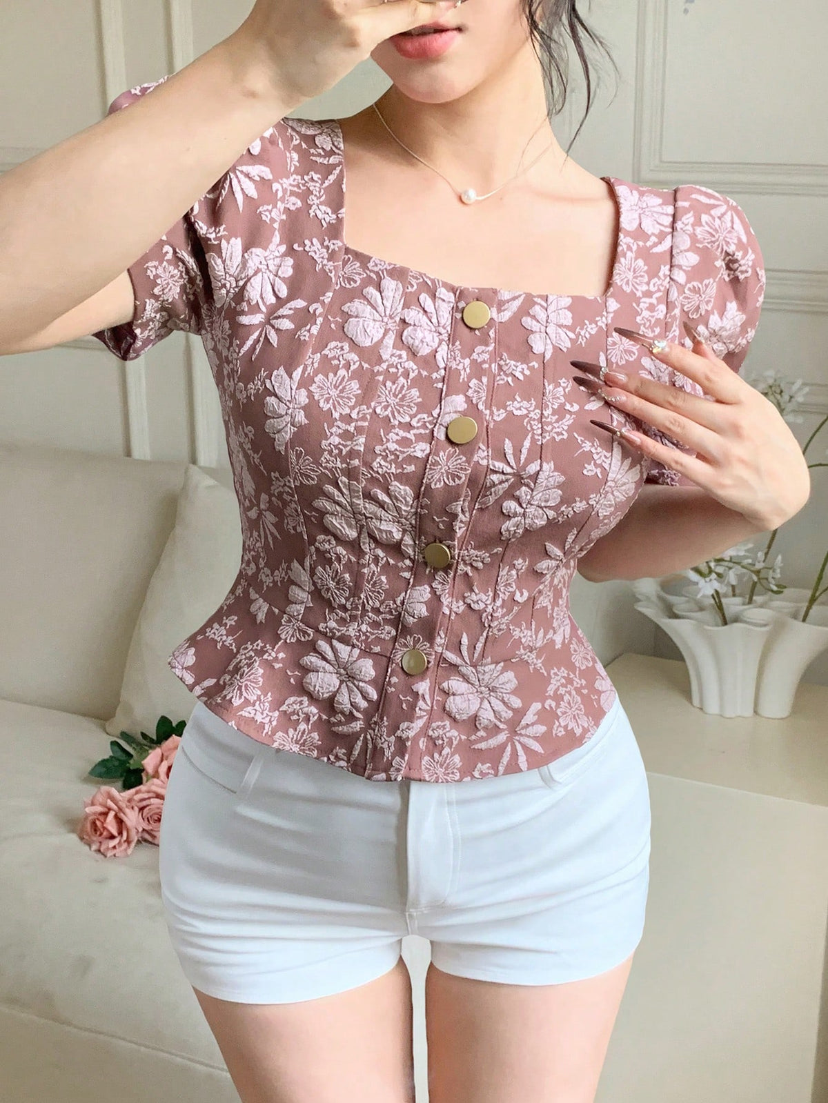 DAZY Solid Color Textured Square Neck Puff Sleeve Ruffle Trim Women's Blouse