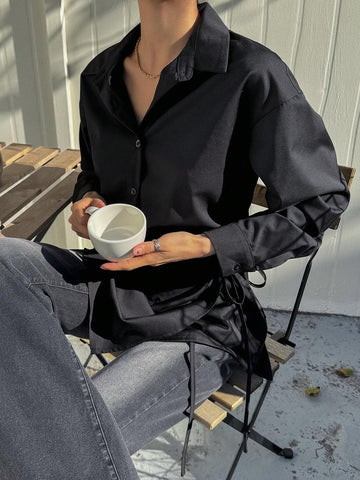 DAZY Solid Color Tie-Up Waist Turndown Collar Long Sleeve Blouse For Women