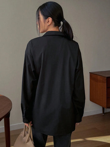 DAZY Solid Color Tie-Up Waist Turndown Collar Long Sleeve Blouse For Women