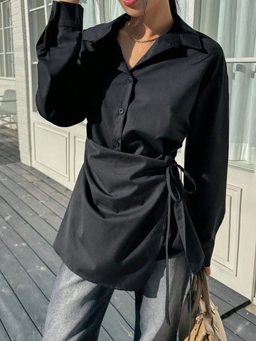 DAZY Solid Color Tie-Up Waist Turndown Collar Long Sleeve Blouse For Women