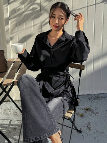 DAZY Solid Color Tie-Up Waist Turndown Collar Long Sleeve Blouse For Women