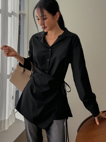 DAZY Solid Color Tie-Up Waist Turndown Collar Long Sleeve Blouse For Women