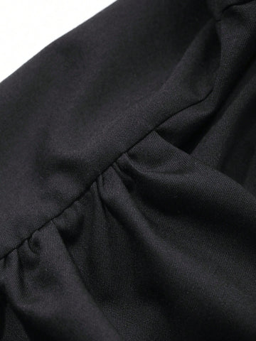 DAZY Solid Color Tie-Up Waist Turndown Collar Long Sleeve Blouse For Women