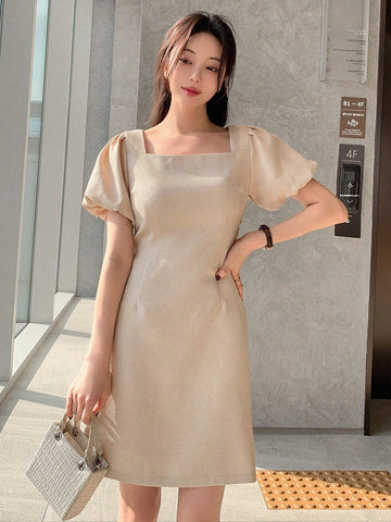 DAZY Solid Color Women's Square Neck Short Puff Sleeve Dress