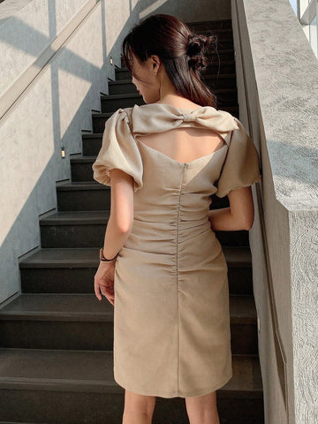 DAZY Solid Color Women's Square Neck Short Puff Sleeve Dress