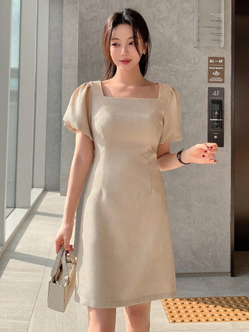 DAZY Solid Color Women's Square Neck Short Puff Sleeve Dress