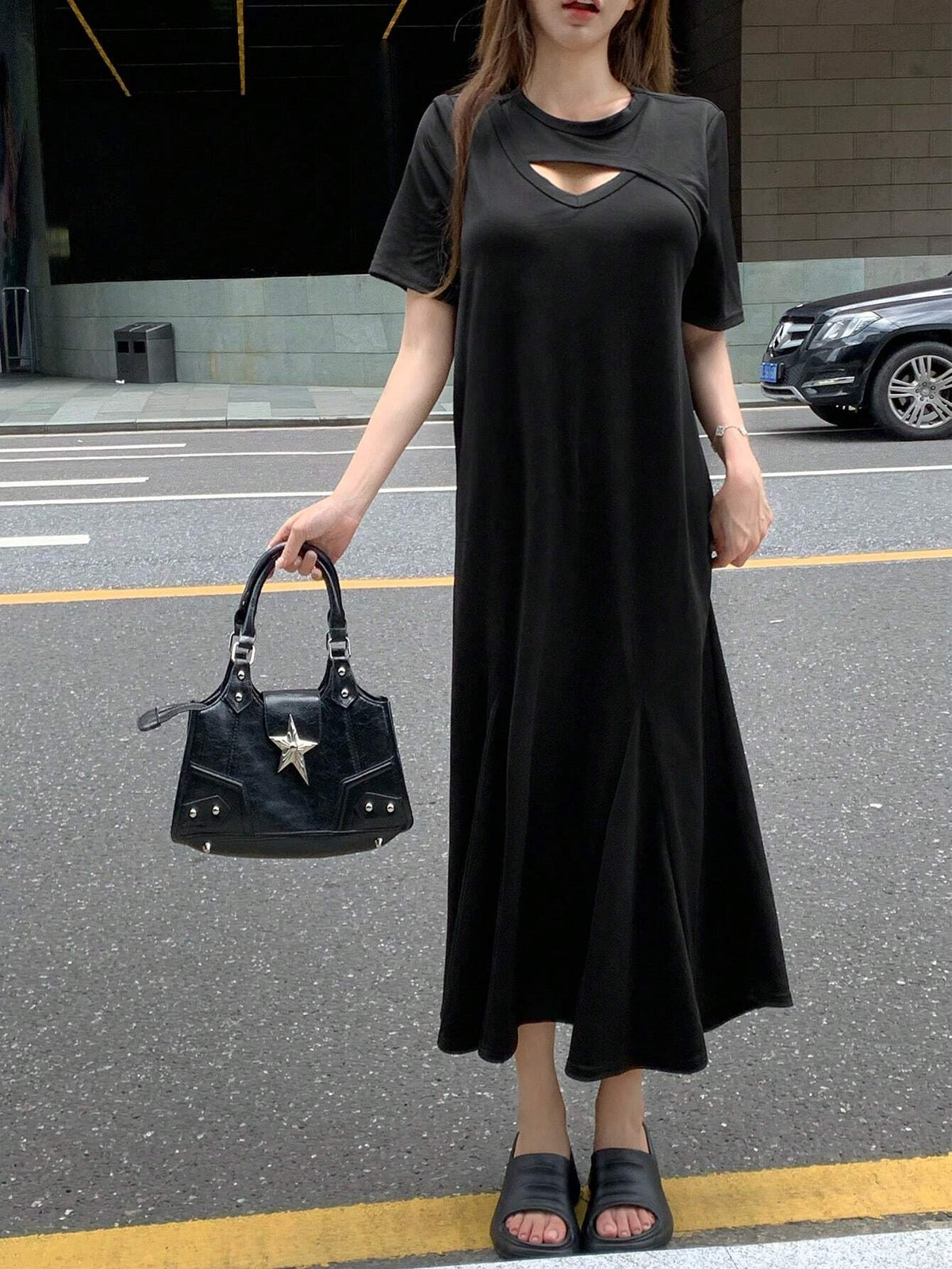 DAZY Solid Cut Out Front Tee Dress For Summer