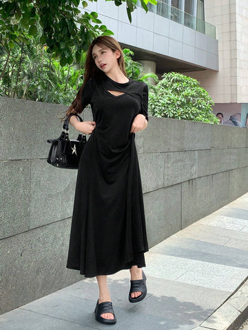 DAZY Solid Cut Out Front Tee Dress For Summer