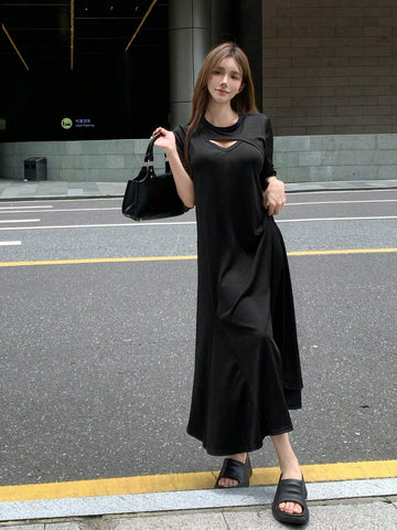 DAZY Solid Cut Out Front Tee Dress For Summer