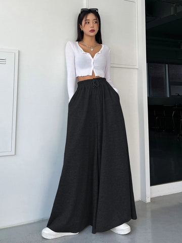DAZY Solid Drawstring Waist Wide Leg Sweatpants