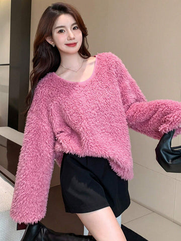 DAZY Solid Drop Shoulder Oversized Fluffy Knit Tee