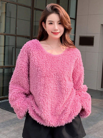 DAZY Solid Drop Shoulder Oversized Fluffy Knit Tee