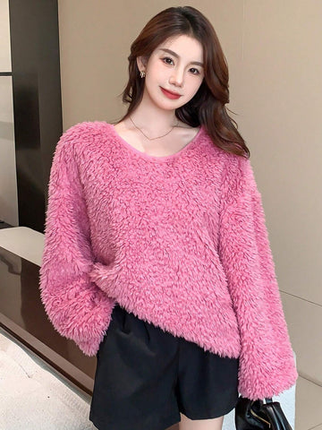 DAZY Solid Drop Shoulder Oversized Fluffy Knit Tee