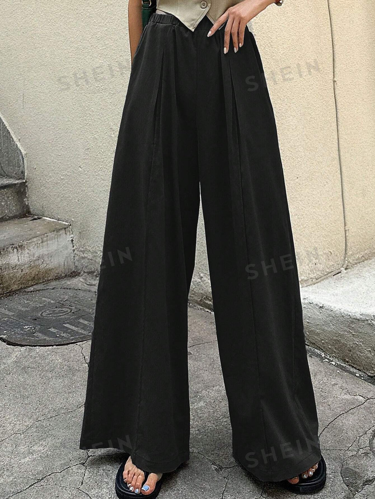 DAZY Solid Fold Pleated Front Wide Leg Pants