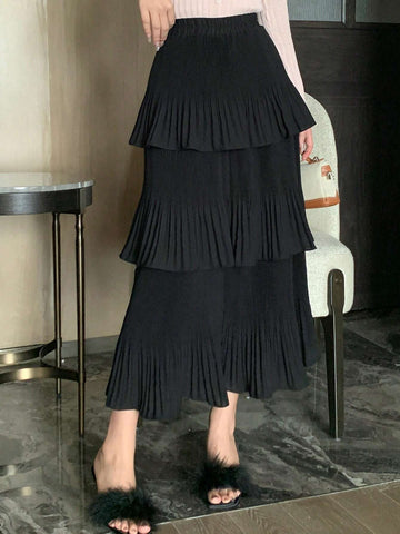 DAZY Solid Layer Ruffle Hem Pleated Skirt