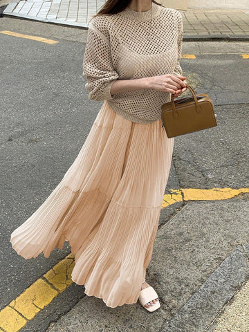 DAZY Solid Pleated Ruffle Hem Skirt