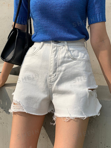 DAZY Solid Ripped Raw Hem Shorts