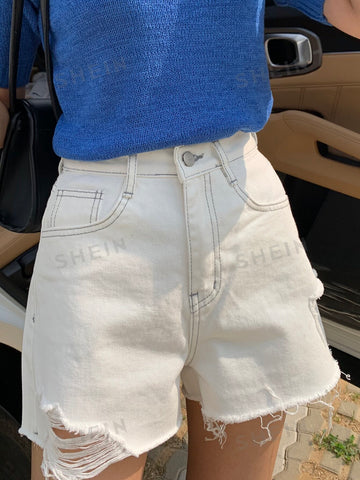 DAZY Solid Ripped Raw Hem Shorts