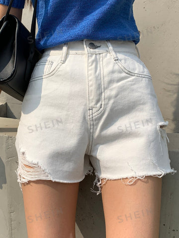 DAZY Solid Ripped Raw Hem Shorts
