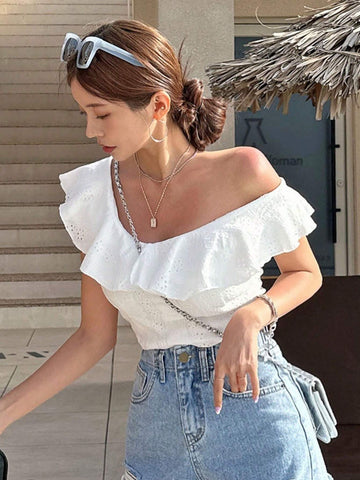 DAZY Solid Ruffle Trim Tee