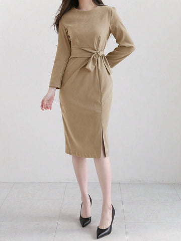 DAZY Solid Split Hem Tie Side Dress