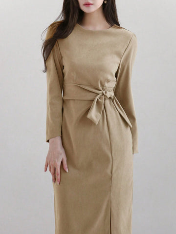 DAZY Solid Split Hem Tie Side Dress