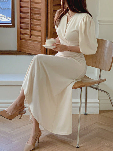 DAZY Solid Surplice Neck Puff Sleeve Dress