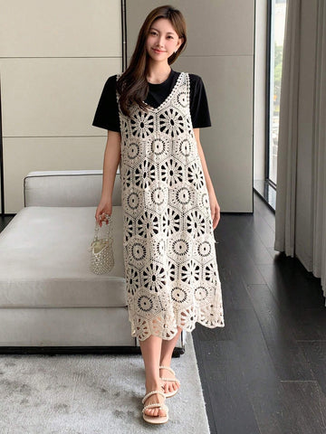 DAZY Solid Tee & Hollow Out Tank Dress For Summer