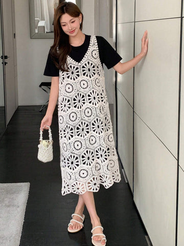 DAZY Solid Tee & Hollow Out Tank Dress For Summer