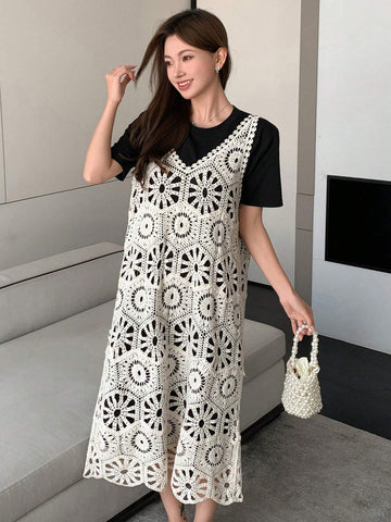 DAZY Solid Tee & Hollow Out Tank Dress For Summer