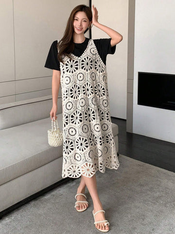 DAZY Solid Tee & Hollow Out Tank Dress For Summer