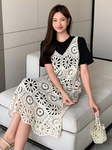 DAZY Solid Tee & Hollow Out Tank Dress For Summer