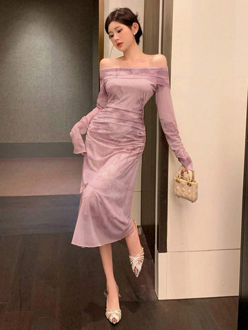 DAZY Spring/Summer Elegant Flower Print Strapless Pleated & Cinched Waist Dress