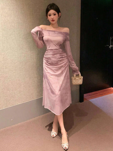 DAZY Spring/Summer Elegant Flower Print Strapless Pleated & Cinched Waist Dress