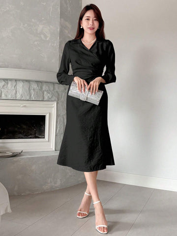 DAZY Spring/Summer Elegant Plain Wrap Waist Mermaid Dress