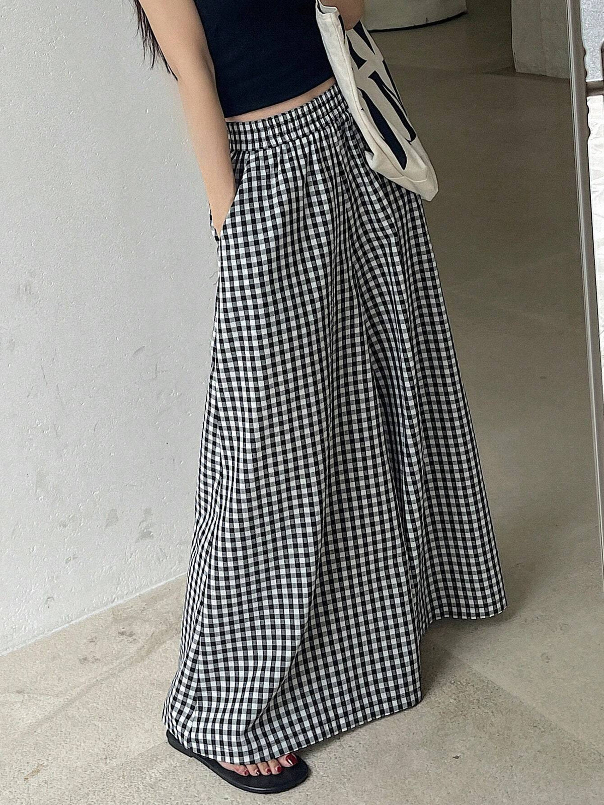 DAZY Spring And Summer Checked High Waist Wide Leg Pants With Elastic Waistband