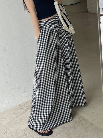 DAZY Spring And Summer Checked High Waist Wide Leg Pants With Elastic Waistband