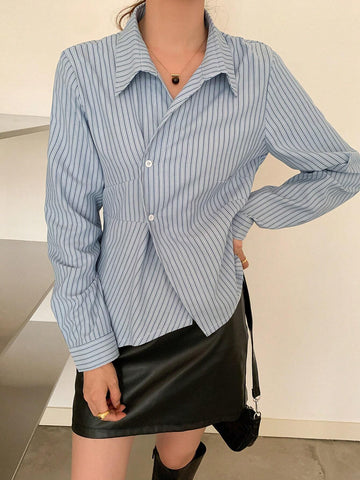 DAZY Striped Collared Long Sleeve Pleated Shirt For Women