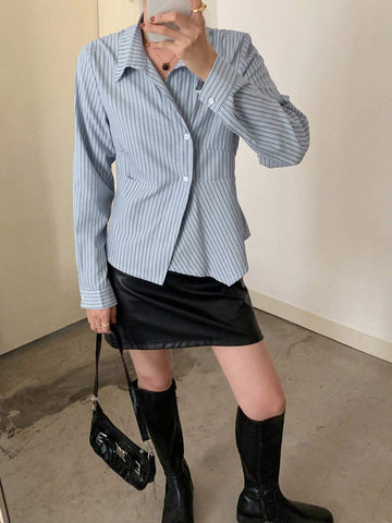 DAZY Striped Collared Long Sleeve Pleated Shirt For Women