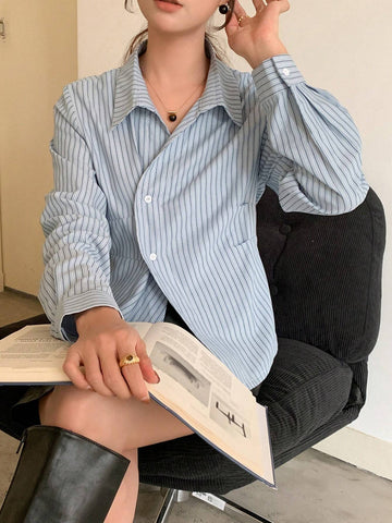 DAZY Striped Collared Long Sleeve Pleated Shirt For Women