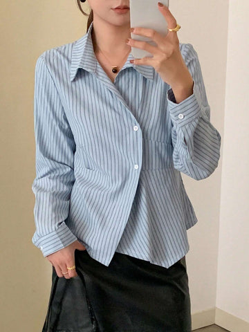 DAZY Striped Collared Long Sleeve Pleated Shirt For Women