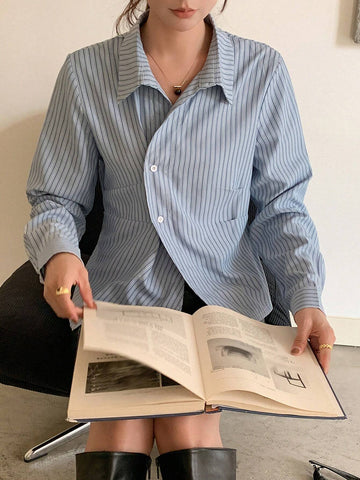 DAZY Striped Collared Long Sleeve Pleated Shirt For Women