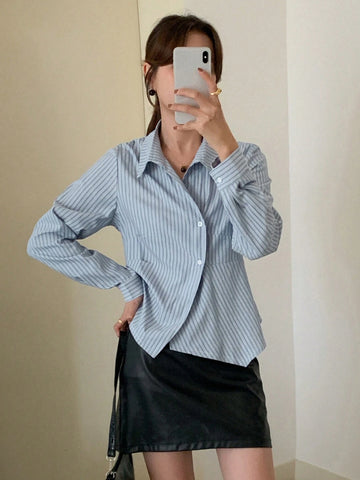 DAZY Striped Collared Long Sleeve Pleated Shirt For Women