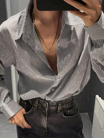 DAZY Striped Loose Long Sleeve Lapel Blouse For Women