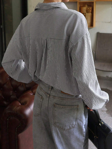 DAZY Striped Loose Long Sleeve Lapel Blouse For Women