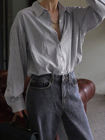 DAZY Striped Loose Long Sleeve Lapel Blouse For Women