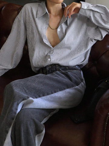 DAZY Striped Loose Long Sleeve Lapel Blouse For Women