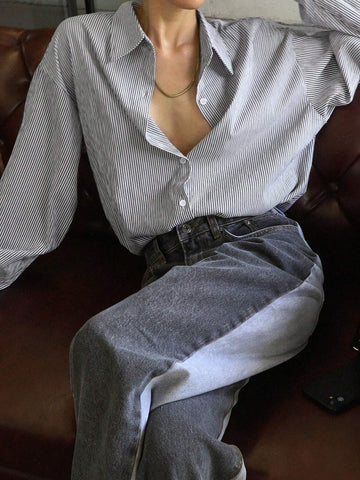 DAZY Striped Loose Long Sleeve Lapel Blouse For Women