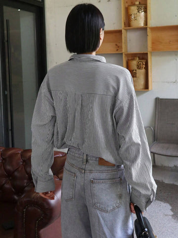 DAZY Striped Loose Long Sleeve Lapel Blouse For Women