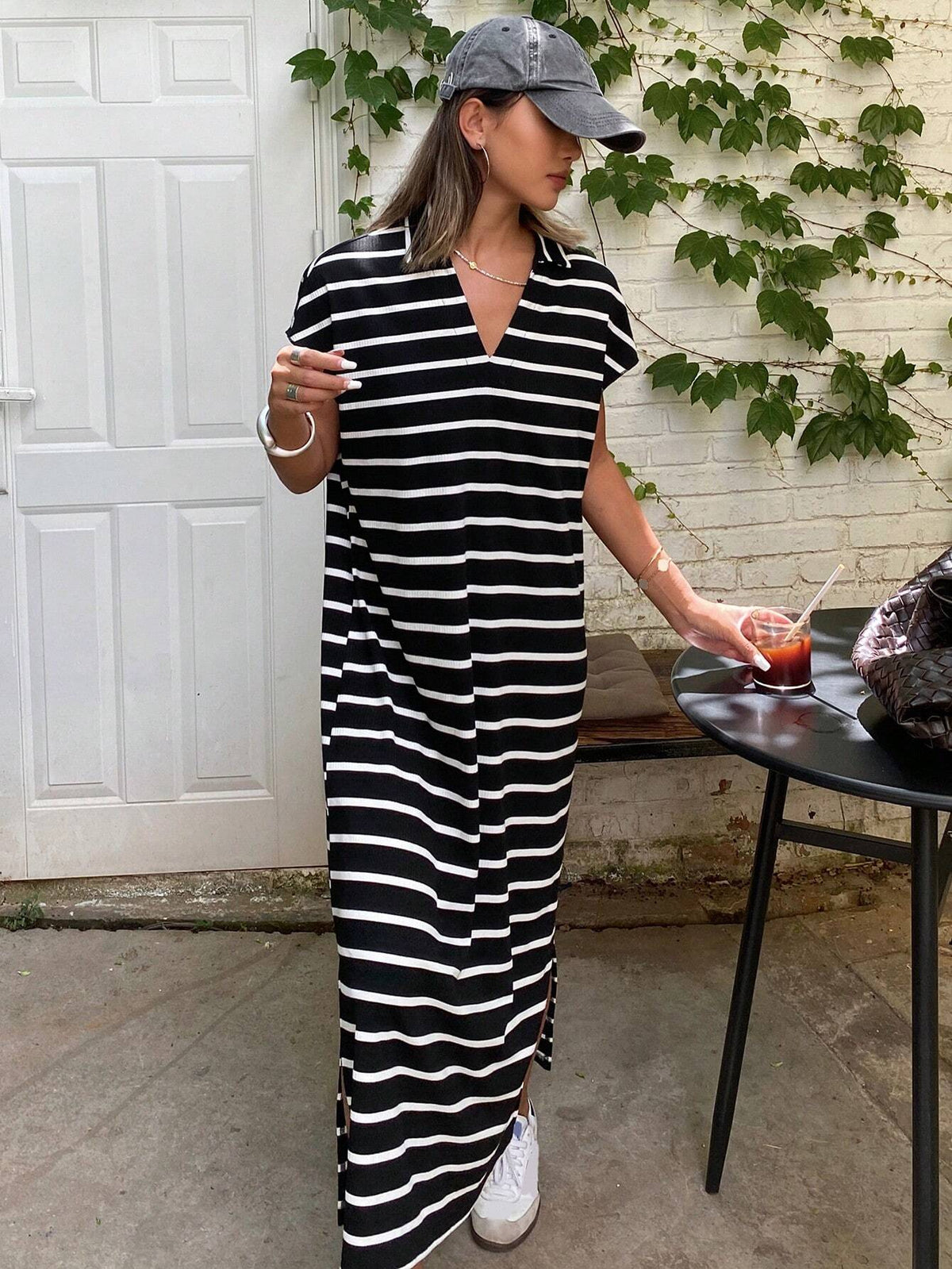 DAZY Striped Loose Sleeveless Turn-Down Collar Women's Dress
